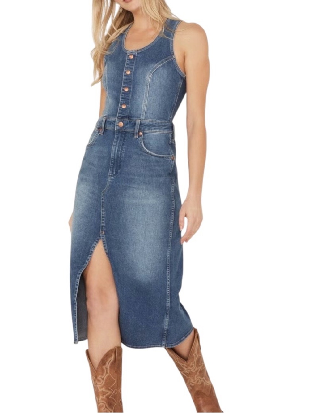 Wrangler Denim Midi Dress M Racerback Button Front Sleeveless Western 90s
